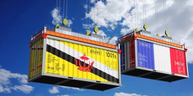 Brunei ve Fransa bayraklı konteynırlar - 3D illüstrasyon