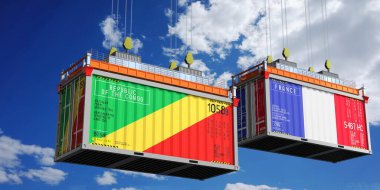 Kongo ve Fransa bayraklı nakliye konteynerleri - 3D illüstrasyon