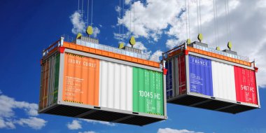 Fildişi Sahili ve Fransa bayraklı konteynırlar - 3D illüstrasyon