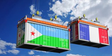 Cibuti ve Fransa bayraklı nakliye konteynerleri - 3D illüstrasyon