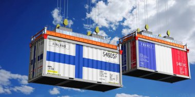 Finlandiya ve Fransa bayraklı nakliye konteynerleri - 3D illüstrasyon