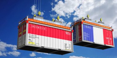 Endonezya ve Fransa bayraklı nakliye konteynerleri - 3D illüstrasyon