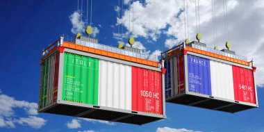 İtalya ve Fransa bayraklı nakliye konteynerleri - 3D illüstrasyon