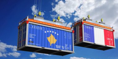 Kosova ve Fransa bayraklı konteynerler - 3D illüstrasyon