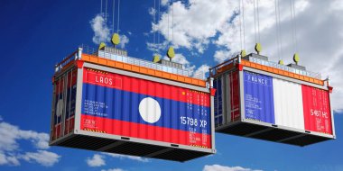 Laos ve Fransa bayraklı nakliye konteynerleri - 3D illüstrasyon