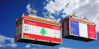Lübnan ve Fransa bayraklı konteynırlar - 3D illüstrasyon