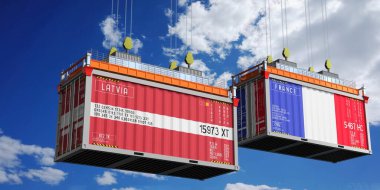 Letonya ve Fransa bayraklı nakliye konteynerleri - 3D illüstrasyon