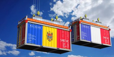 Moldova ve Fransa bayraklı nakliye konteynerleri - 3D illüstrasyon
