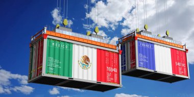 Meksika ve Fransa bayraklı nakliye konteynerleri - 3D illüstrasyon