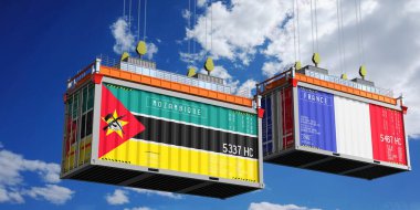 Mozambik ve Fransa bayraklı nakliye konteynerleri - 3D illüstrasyon