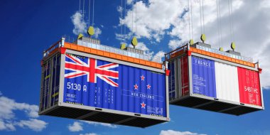 Yeni Zelanda ve Fransa bayraklı nakliye konteynerleri - 3D illüstrasyon