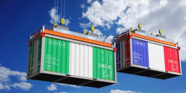 Nijerya ve Fransa bayraklı nakliye konteynerleri - 3D illüstrasyon