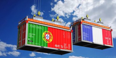 Portekiz ve Fransa bayraklı nakliye konteynerleri - 3D illüstrasyon