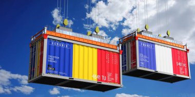 Romanya ve Fransa 'nın bayraklı konteynırları - 3D illüstrasyon