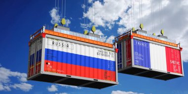 Rusya ve Fransa 'nın bayraklı konteynırları - 3D illüstrasyon