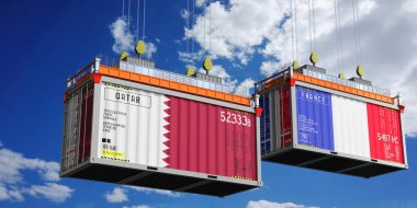 Katar ve Fransa bayraklı nakliye konteynerleri - 3D illüstrasyon