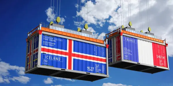 İzlanda ve Fransa bayraklı nakliye konteynerleri - 3D illüstrasyon