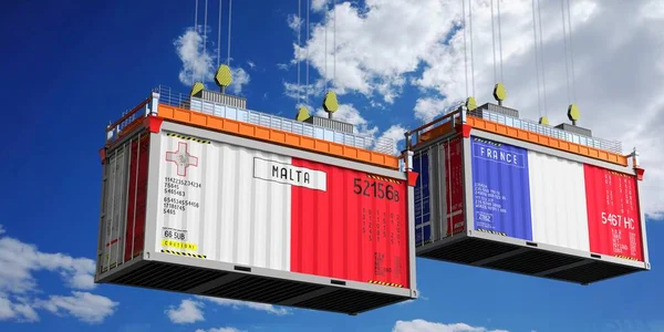 Malta ve Fransa bayraklı nakliye konteynerleri - 3D illüstrasyon