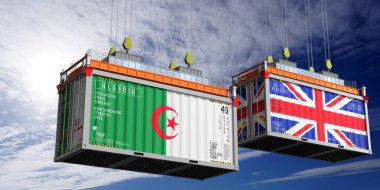Cezayir ve Birleşik Krallık bayraklı nakliye konteynerleri - 3 boyutlu illüstrasyon