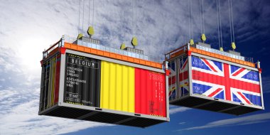 Belçika ve Birleşik Krallık bayraklı nakliye konteynerleri - 3D illüstrasyon