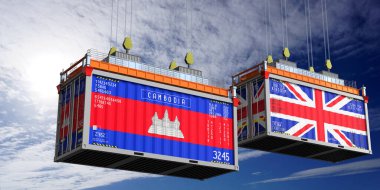 Kamboçya ve Birleşik Krallık bayraklı nakliye konteynerleri - 3 boyutlu illüstrasyon