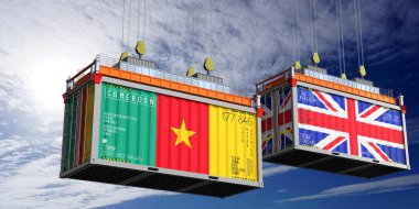 Üzerinde Kamerun ve Birleşik Krallık bayrakları olan konteynırlar - 3 boyutlu illüstrasyon