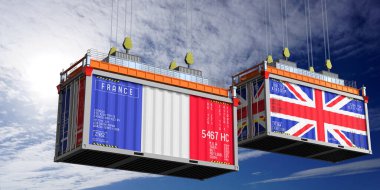 Fransa ve Birleşik Krallık bayraklı nakliye konteynerleri - 3D illüstrasyon