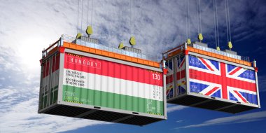 Macaristan ve Birleşik Krallık bayraklı nakliye konteynerleri - 3D illüstrasyon