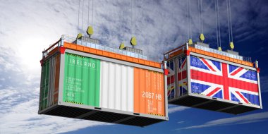 İrlanda ve Birleşik Krallık bayraklı nakliye konteynerleri - 3D illüstrasyon