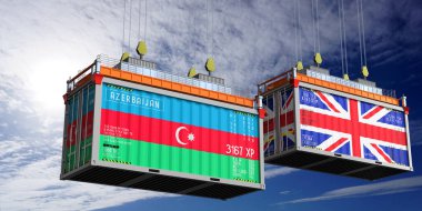 Üzerinde Azerbaycan ve Birleşik Krallık bayrakları olan konteynırlar - 3D illüstrasyon