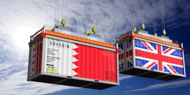 Bahreyn ve Birleşik Krallık bayraklı nakliye konteynerleri - 3 boyutlu illüstrasyon