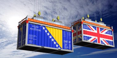 Bosna-Hersek ve Birleşik Krallık bayraklı nakliye konteynerleri - 3D illüstrasyon