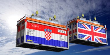 Hırvatistan ve Birleşik Krallık bayraklı nakliye konteynerleri - 3D illüstrasyon