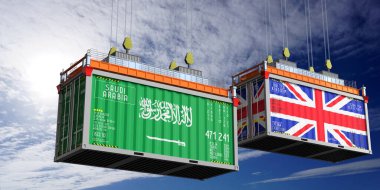 Suudi Arabistan ve Birleşik Krallık bayraklı nakliye konteynerleri - 3D illüstrasyon