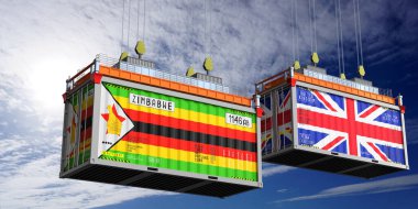 Üzerinde Zimbabwe ve Birleşik Krallık bayrakları olan konteynırlar - 3 boyutlu illüstrasyon