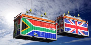 Güney Afrika ve Birleşik Krallık bayraklı nakliye konteynerleri - 3 boyutlu illüstrasyon