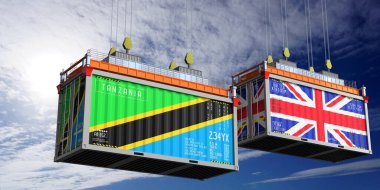 Tanzanya ve Birleşik Krallık bayraklı nakliye konteynerleri - 3D illüstrasyon
