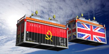 Angola ve Birleşik Krallık bayraklı nakliye konteynerleri - 3 boyutlu illüstrasyon