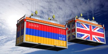 Ermenistan ve Birleşik Krallık bayraklı konteynırlar - 3D illüstrasyon