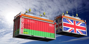 Beyaz Rusya ve Birleşik Krallık bayraklı nakliye konteynerleri - 3 boyutlu illüstrasyon