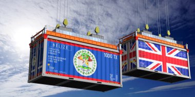 Belize ve Birleşik Krallık bayraklı nakliye konteynerleri - 3 boyutlu illüstrasyon