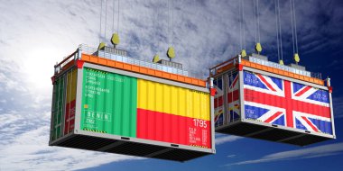 Benin ve Birleşik Krallık bayraklı nakliye konteynerleri - 3D illüstrasyon