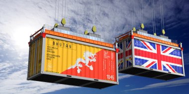 Bhutan ve Birleşik Krallık bayraklı nakliye konteynerleri - 3D illüstrasyon