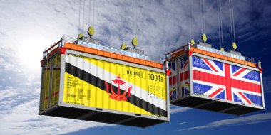 Brunei ve Birleşik Krallık bayraklı nakliye konteynerleri - 3 boyutlu illüstrasyon