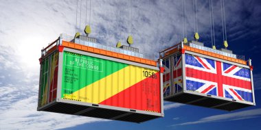 Kongo ve Birleşik Krallık bayraklı nakliye konteynerleri - 3D illüstrasyon