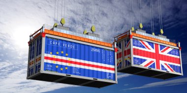 Cape Verde ve Birleşik Krallık bayraklı nakliye konteynerleri - 3D illüstrasyon