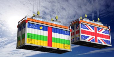 Orta Afrika Cumhuriyeti ve Birleşik Krallık bayraklı nakliye konteynerleri - 3 boyutlu illüstrasyon