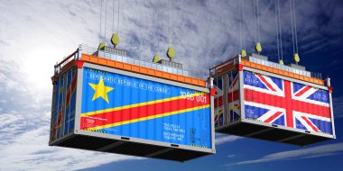 Demokratik Kongo Cumhuriyeti ve Birleşik Krallık bayraklı konteynırlar - 3 boyutlu illüstrasyon
