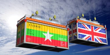 Myanmar ve Birleşik Krallık bayraklı nakliye konteynerleri - 3 boyutlu illüstrasyon