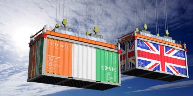 Fildişi Sahili ve Birleşik Krallık bayraklı nakliye konteynerleri - 3D illüstrasyon